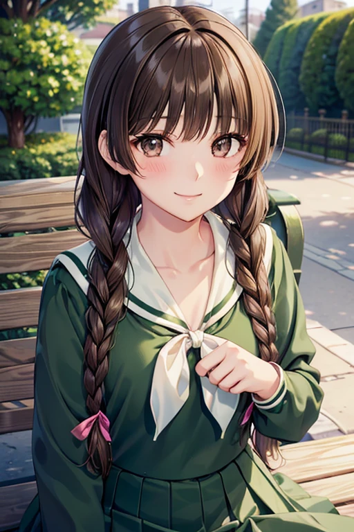 Yuno Shimazu、Shiny brown hair,Long Hair,  、((2 braids:1.5、Hair that falls over the shoulders)),Beautiful brown eyes、Sparkling eyes, Fine grain、smile、Ultra-detailed eyes、Highly detailed face, Highly detailed eyes,Cowboy Shot、

 
最high quality、High resolution, masterpiece, high quality, 最high quality, beautiful, Perfect lighting, very cute,
 alone,  school uniform, Sailor collar, neckerchief, Green Shirt, Sailor shirt, Long sleeve, Green Skirt, Long skirt, 
  ((Mid-chest)), Wide Hips,  blush, smile, View your audience,Park during the day ,Sit on a bench