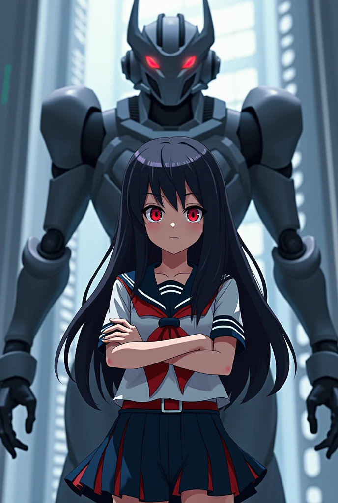 Sailor suit、、Long Black Hair、Red eyes、Anime Style、Cross your arms、He has his mouth closed and is smiling triumphantly.、A futuristic humanoid robot is standing behind him, protecting him.