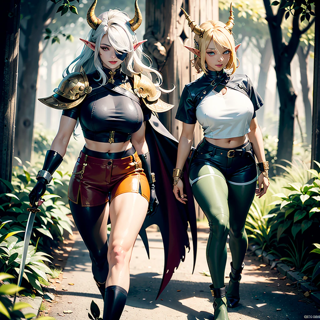 ((best quality)), ((masterpiece)), (detailed), 1 women pornstar succub knight, 8k_wallpaper, extremely detailed eyes, (large masterpiece digital art), (intricate details:1.3 ), (ultra-detailed:1.3), (sharp focus:1.3), (natural lighting:1.05), (vivid colors:1.3), (best quality:1.4), high quality, expressive eyes, full body, detailed face, beautiful face, perfect face, ((hair sandy white curls)), ((gold horns)), (gold eyes), {{dark skin}}, ({dark skinned female}), big breasts, huge chest, powerful relief muscles of the abdomen and legs, powerful strong muscles of the arms, cruel predatory and cold-ed arrogant look and smile, dressed in a light open blue coat with rolled up sleeves, a translucent yellow crop top with strong outlines of large pointed nipples with piercings, steel combat pauldrons, steel bracers and leather gloves, leather shorts, a two-handed katana, walks along the path against the backdrop of a ruined elf village and flowering vines and wild forests, style dark fantasy and adventure fantasy world,