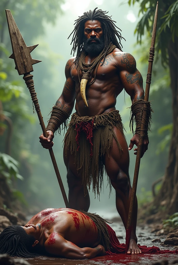 A melenasian chief with tattoos on his body and dreadlocks on his head, wearing a necklace with a pigs tusk on it,standing over a bloody dead body, holding a spear on his right hand and hold a wooden club with shark teeth as saw blades