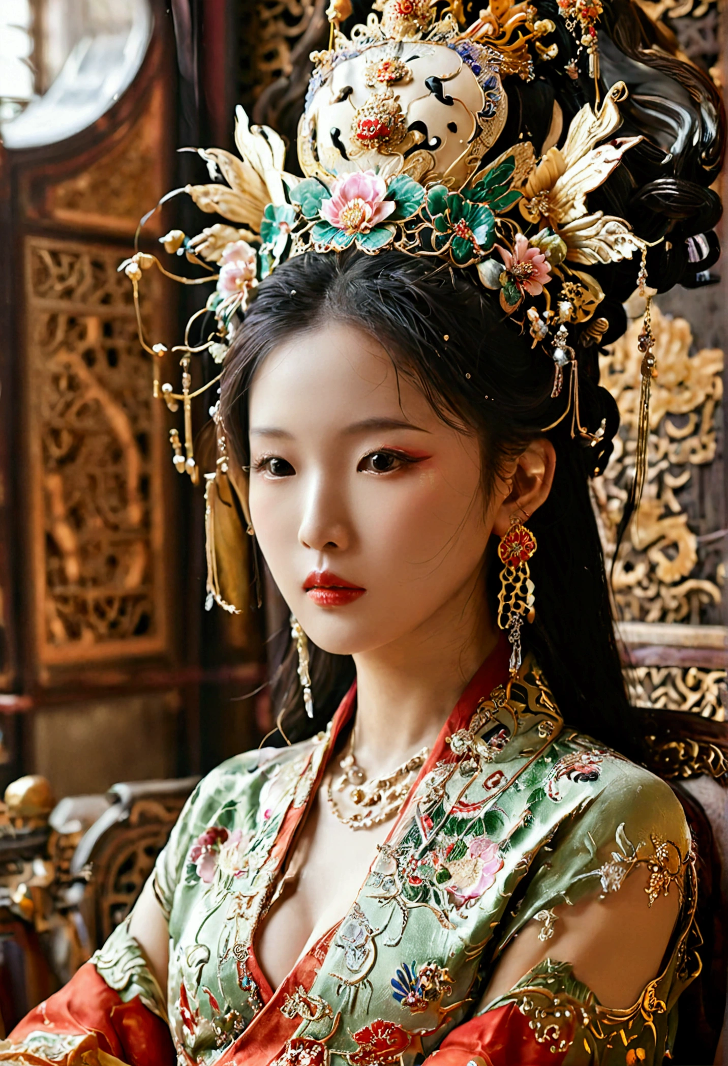 The naked Empress of the Qing Dynasty, sitting naked on a large throne, with a huge bust.(Porn Pose) A gorgeous Chinese imperial empress with her hair tied on both sides and wearing a crown、Background of kinky and erotic woman tying her hair、The story is set in the luxurious rooms of an empress in the Chinese imperial court during the Qing dynasty.。