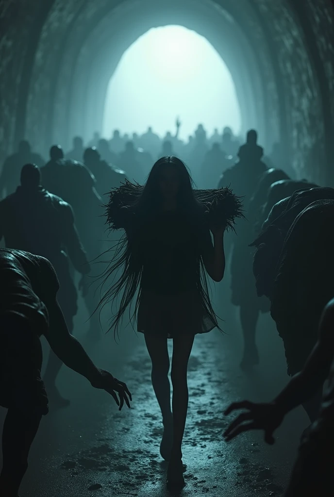 A girl with heavy burden walk toward a light tunnel, a bunch of demons surrounding, photoshoot, realistic, HD, pitch black long hair, thrilling scenery