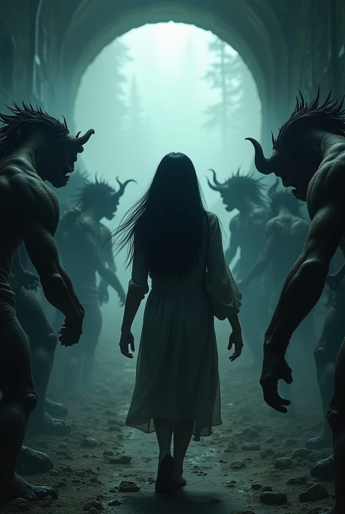 A girl with heavy burden walk toward a light tunnel, a bunch of demons surrounding, photoshoot, realistic, HD, pitch black long hair, thrilling scenery