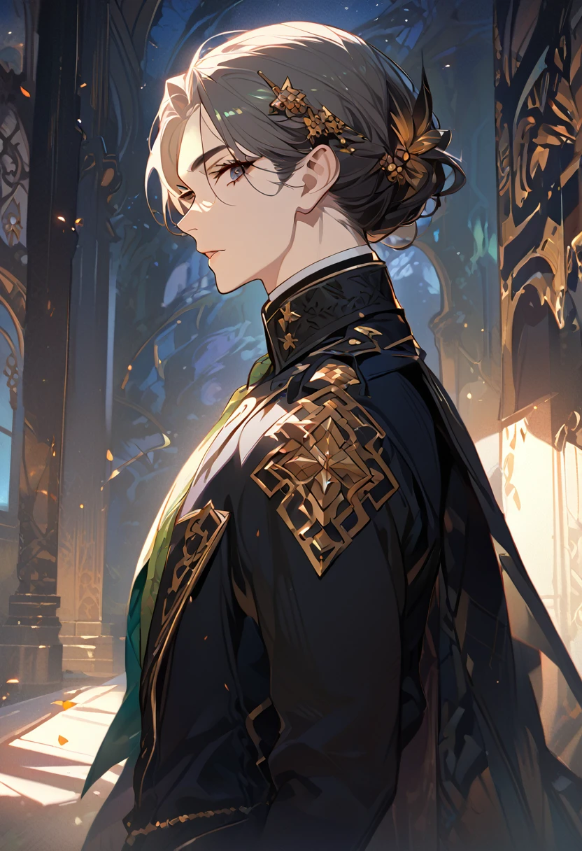 masterpiece, best quality, 8k ,4k , 1 male, elf, long ears elf, dark grayish hair, dark greenish eyes, hair ornament, finely detailed eyes and detailed face, looking at viewer, from side, meticulous clothes, formal clothes, combination of white and black coat, half cape by the shoulders, patterned clothes, majestic looks, sharp looks, shadows, inspired by Asukaziye artist : ask, art style : ask