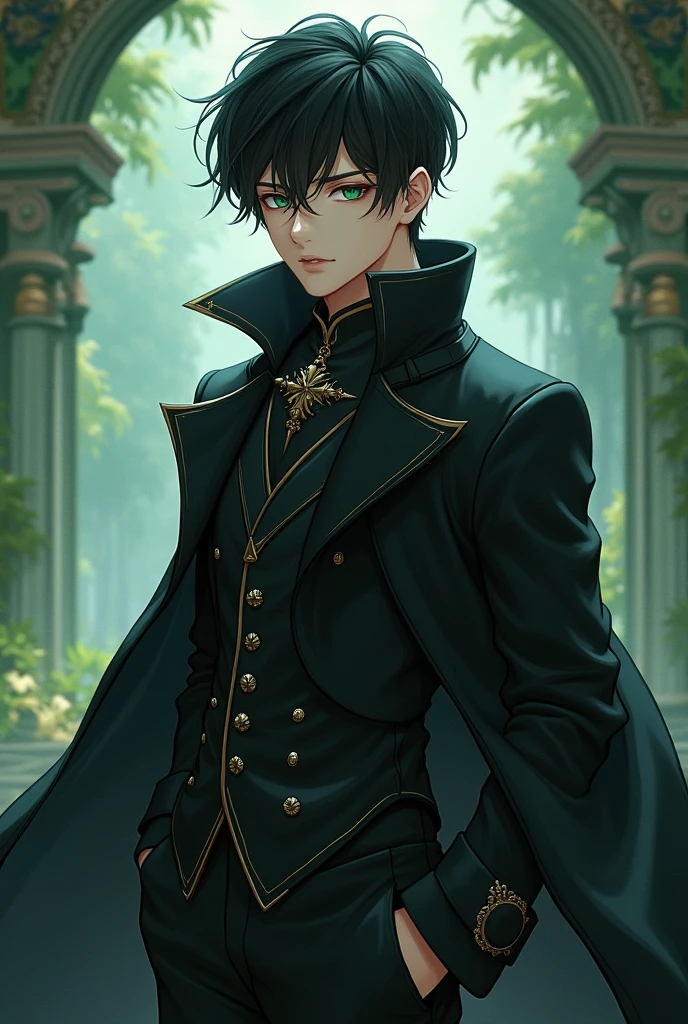 Japanese anime style,A handsome male,young,Green iris,Black short hair,slightly thin but muscular,black coat paired with a fantasy-style black inner lining