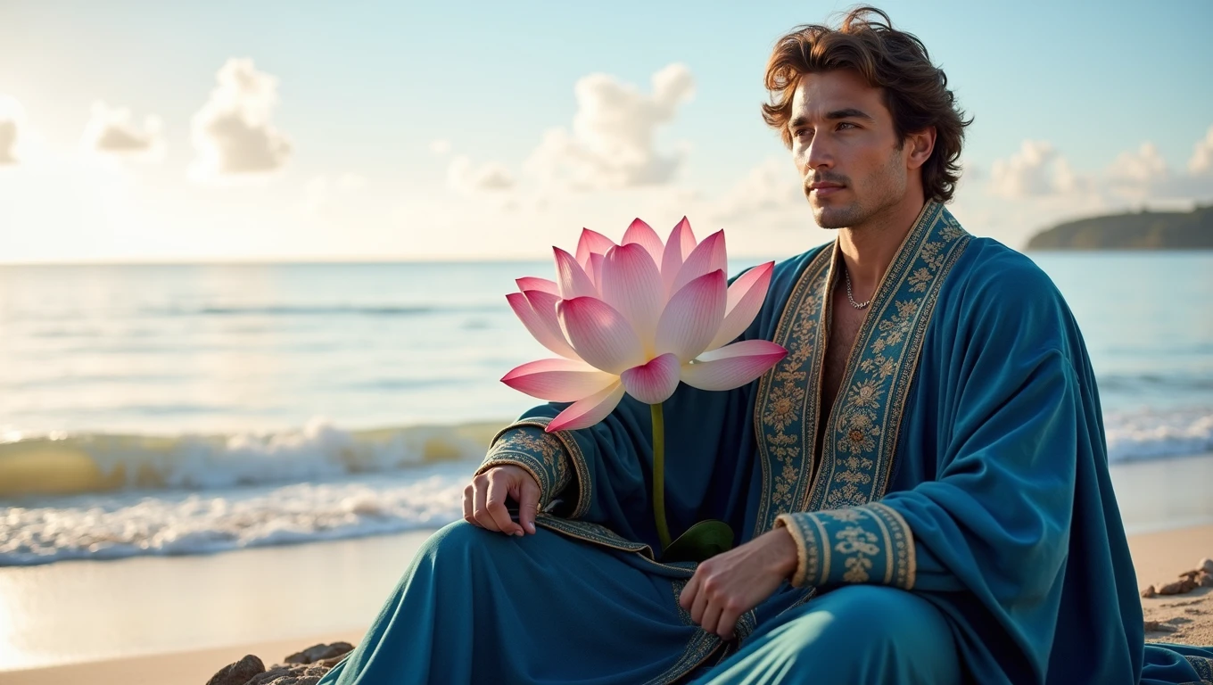 Create an ultra-realistic rectangular image of the Caribbean Sea very close to the sand of a beach, with a beautiful blue sky in the background and a beautiful, large lotus flower design.

