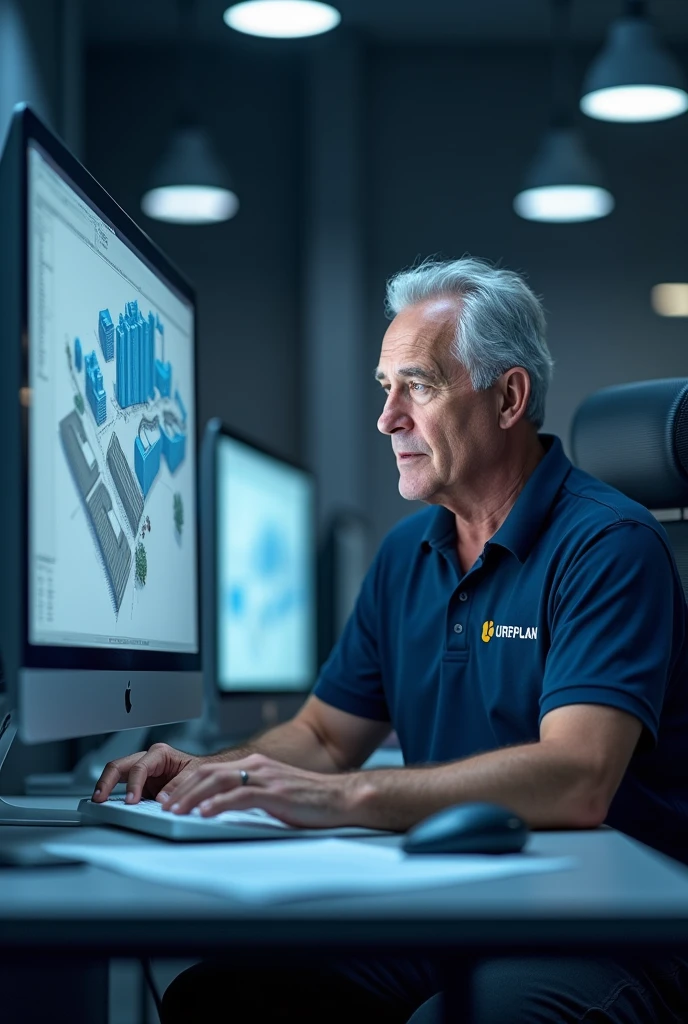 A man in a civil engineering office, wearing a polo shirt with the blue 'URBPLAN' logo, working on a project using AutoCAD on his computer. The main colors of the image should be in shades of blue, reflecting a professional and focused work environment.