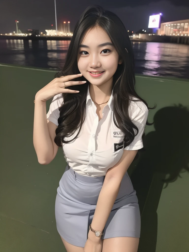 1girl, solo, standing, outdoors, Night view, Metropolitan city scenery at the background, (ultra wide angle shot: 1.4), beautiful scenery, detailed face, little smile, detailed eyes, thick breasts, smooth detailed skin, tight white shirt, grey blue short skirt, looking at the audience, low angle shot,(8k, RAW photo, best quality, masterpiece: 1.2), (realistic, realistic: 1.37), ultra-high resolution