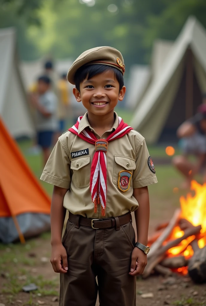 Portrait of a handsome 8  Indonesian boy wearing a dark brown scout uniform,with a red and white asduk (scarf) around the neck, complete with attributes and wearing a beret,at the campsite