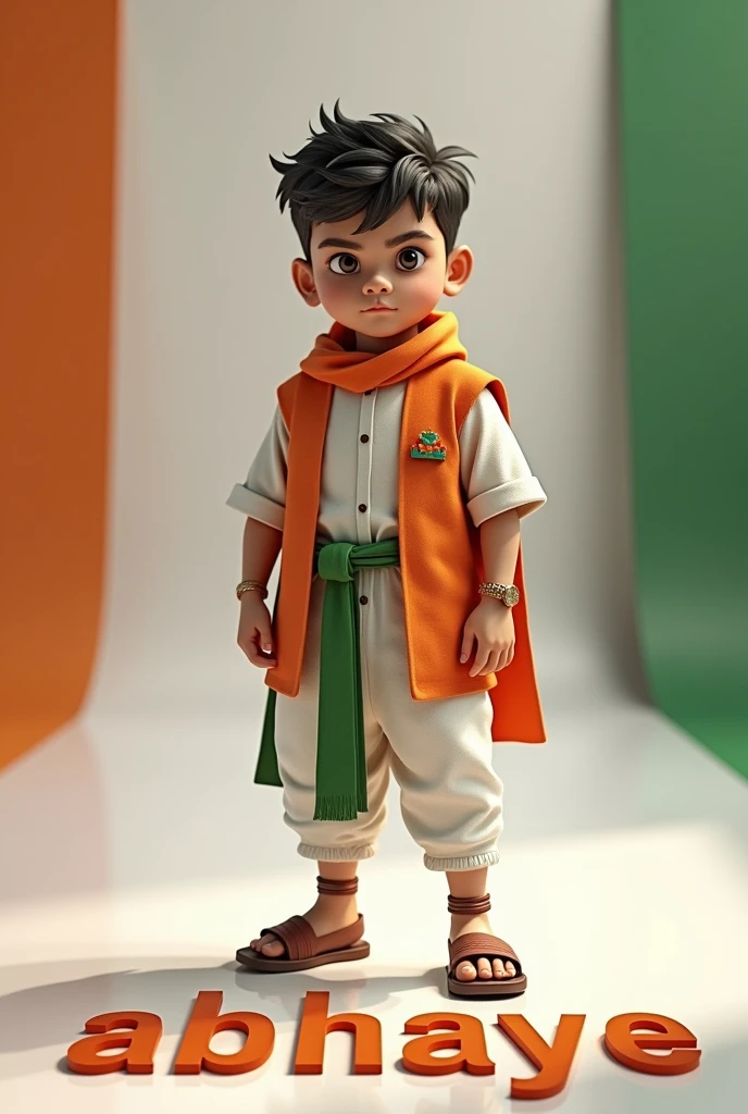 create a 3d realistic image of a killer boy wearing clothes of Indian flag and he is posing and his abhaye name is clearly written in bold letters on the white glossy floor below, and the background view is blurred with the colors of Indian flag, make sure the name should be visible and correct. Create high quality images.