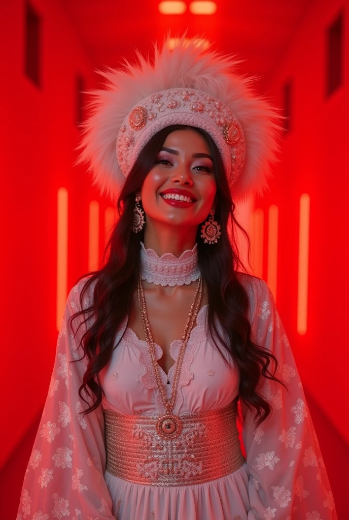 A bright red corridor、a foreign woman in a white ethnic costume、Visual kei style makeup、Look at this and laugh、smile、An inappropriate smile、Sexy pose