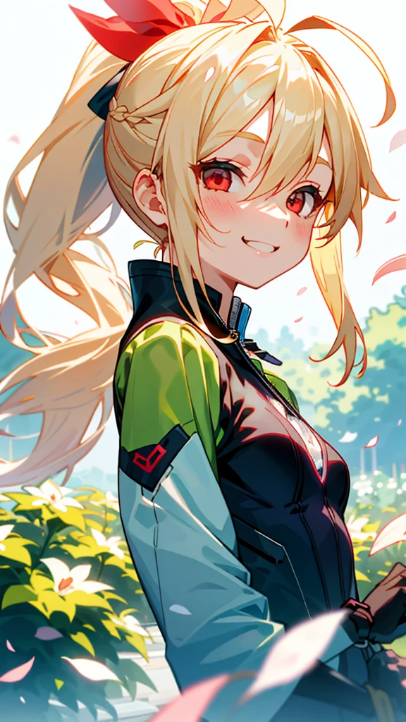 1 girl、Riders jacket、Small breasts、blonde、ponytail、Round red eyes、Ahoge、From the side、Wicked Smile、One beautiful, delicate portrait、The background scenery is a garden where petals are scattering.