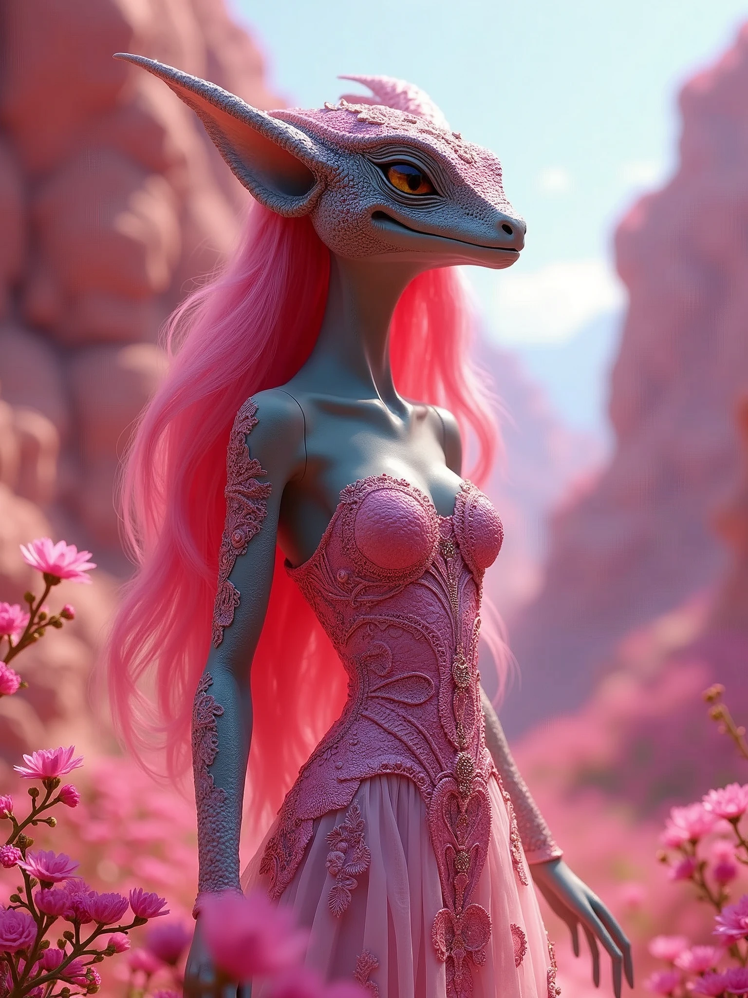 a reptilian alien with long pink hair and pretty dress in the style of Barbie, vibrant barbie world, surreal, matte, concept art, dreamcore, sharp, textures and depths, 8k, UHD, intricate details, by Hsiao Ron Cheng and James Jean and Victo Ngai and Tim Okamura and Alex Gray