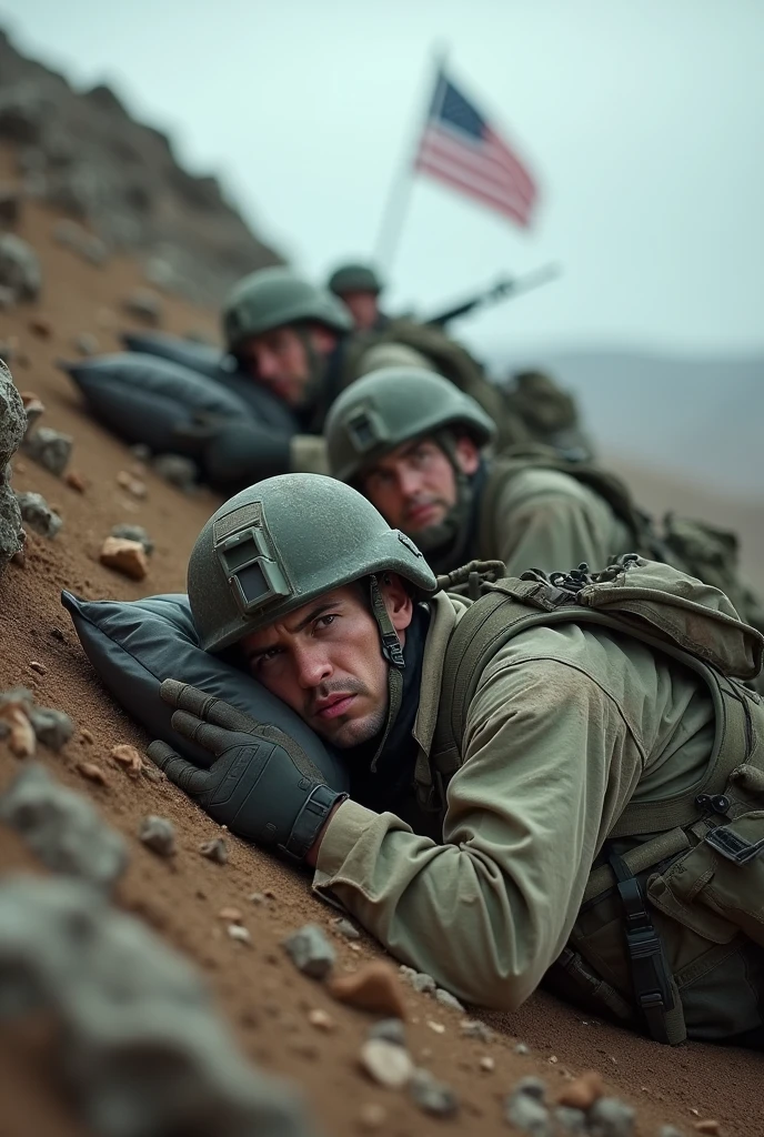 The image shows a group of soldiers lying on their stomachs on a rocky hillside. They are all wearing camouflage uniforms and carrying rifles. The sky is cloudy and there is an American flag flying in the background. The soldiers appear to be sleeping or resting, with their heads resting on their pillows. The overall mood of the image is somber and desolate