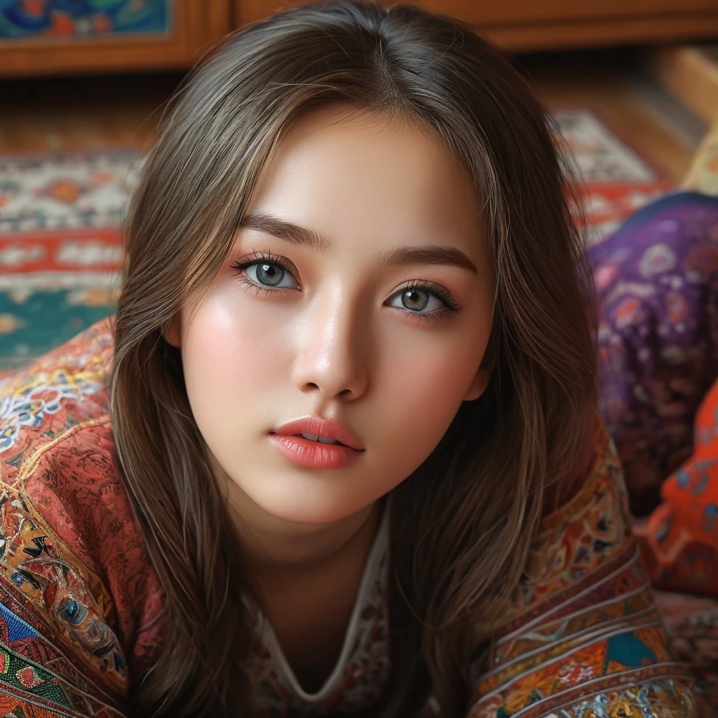 a beautiful girl sitting on the floor in kazakstan,cute girl,beautiful detailed eyes,beautiful detailed lips,extremely detailed eyes and face,longeyelashes,1girl,illustration,digital art,ultra high definition,photorealistic,masterpiece,intricate details,soft lighting,warm color palette,vibrant colors,natural scenery,idyllic landscape
