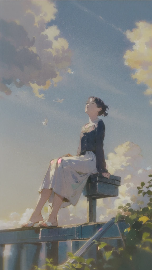 (1girl sitting on stairway to heaven), above the clouds, seas of clouds, ascending, ethereal, peaceful, graceful, innocent, hopeful, pure, dove,
post-impressionist, impressionism,