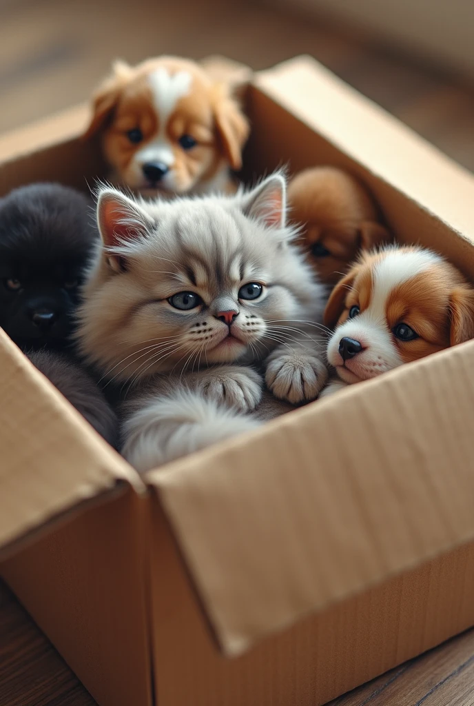 Persian cat with gray fur, lying in a cardboard box with many puppies, cute appearance, serena, happy and very cuddly.