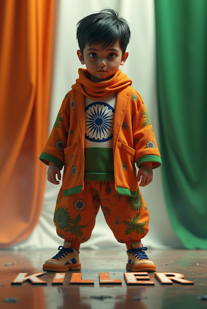 create a 3d realistic image of a killer boy wearing clothes of Indian flag and he is posing and his abhaye name is clearly written in bold letters on the white glossy floor below, and the background view is blurred with the colors of Indian flag, make sure the name should be visible and correct. Create high quality images.