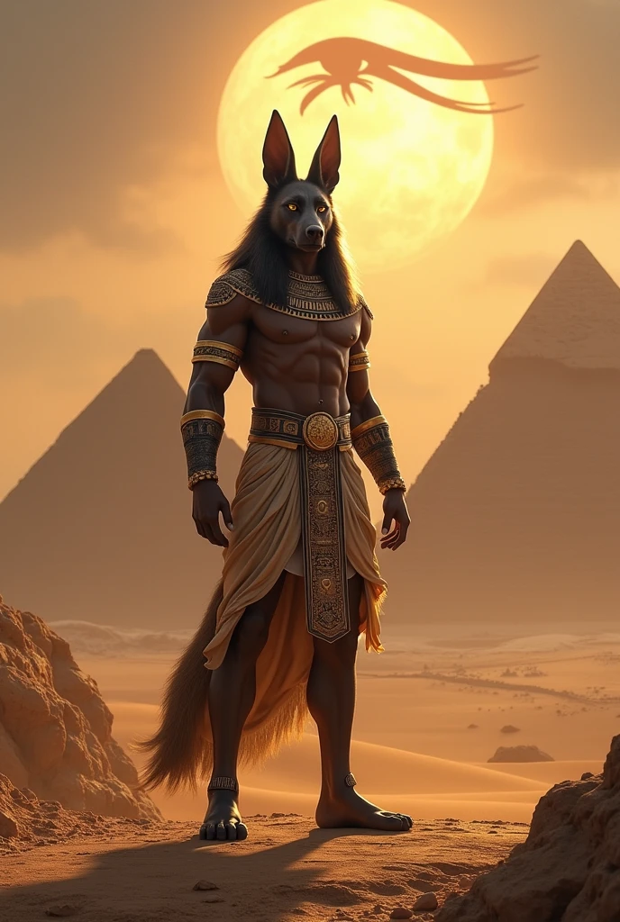 Create an image of the god Anubis with the pyramids and an Egyptian eye