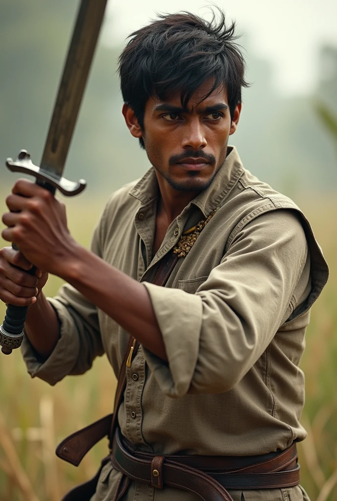 A young boy holding superpower his age should be 20 looking like Indians holding a sword he wearing common