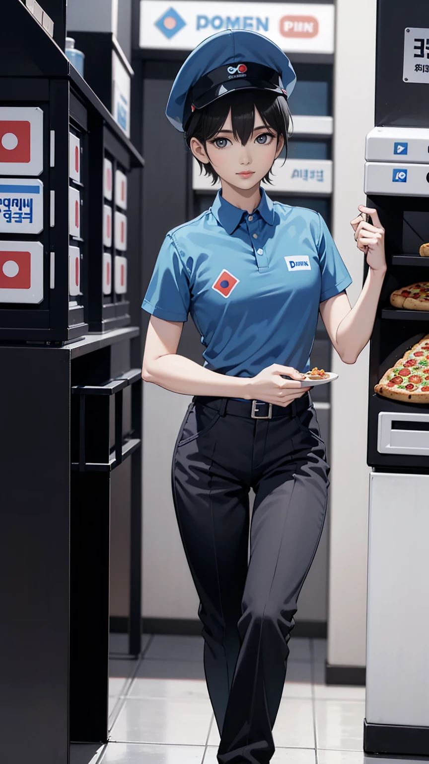 round eyes, pretty face, short korean men hair, dimash kudaibergen as a male dominos pizza employee is standing, a plate of pizza, blue polos shirt short sleeve, black cinos pants, wearing black front cap, serious face expression, full hd resolution dominos kitchen restaurant background, cold filter, shiny environment effect, full body