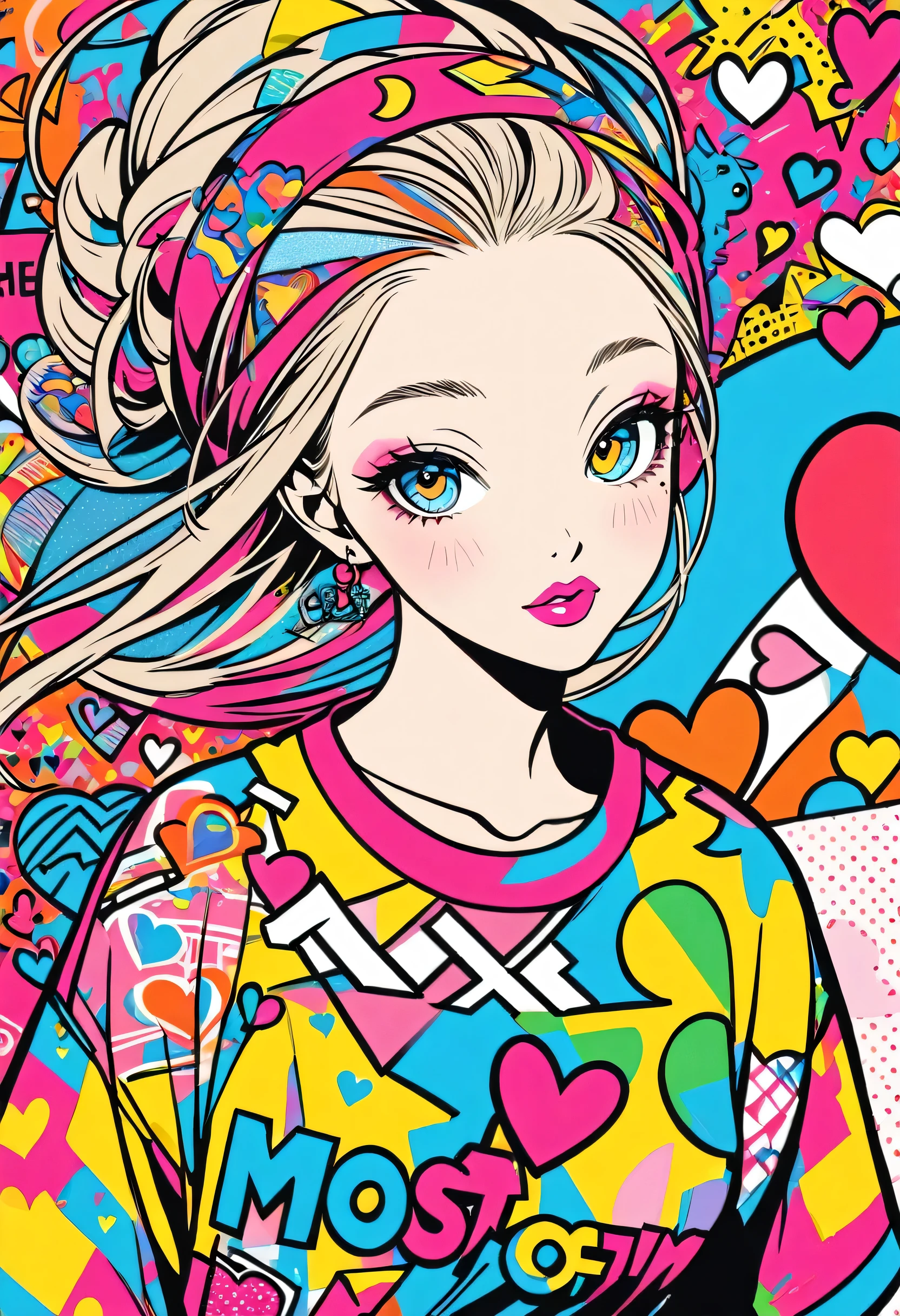 Keith Haring colorful style, Simple Line Initialism,Abstract art,(((The most beautiful girl of all time))), Sweet face. Lips in love, colorful hearts, stylish design, 夏のオシャレなTシャツ, 黒い瞳, walking, Paris