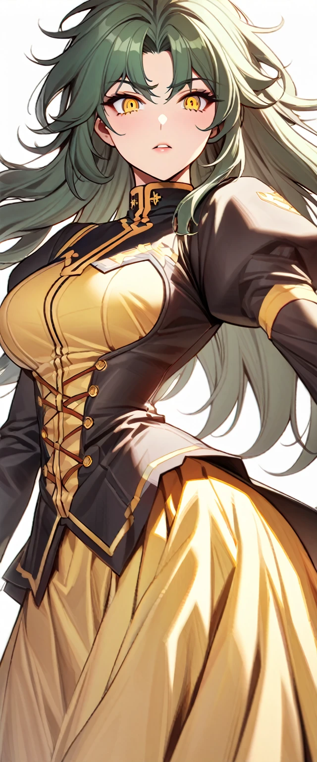 High detailed, kimtag, 1 girl, solo, Cyan eyes, messy long hair ((like Yang Xiao Long's)), Sharp eyes, yellow eyes, Green hair with  yellow tones, busty, large buson, strong body, Genetics's uniform, Juliet sleeves, large skirt, high detailed 