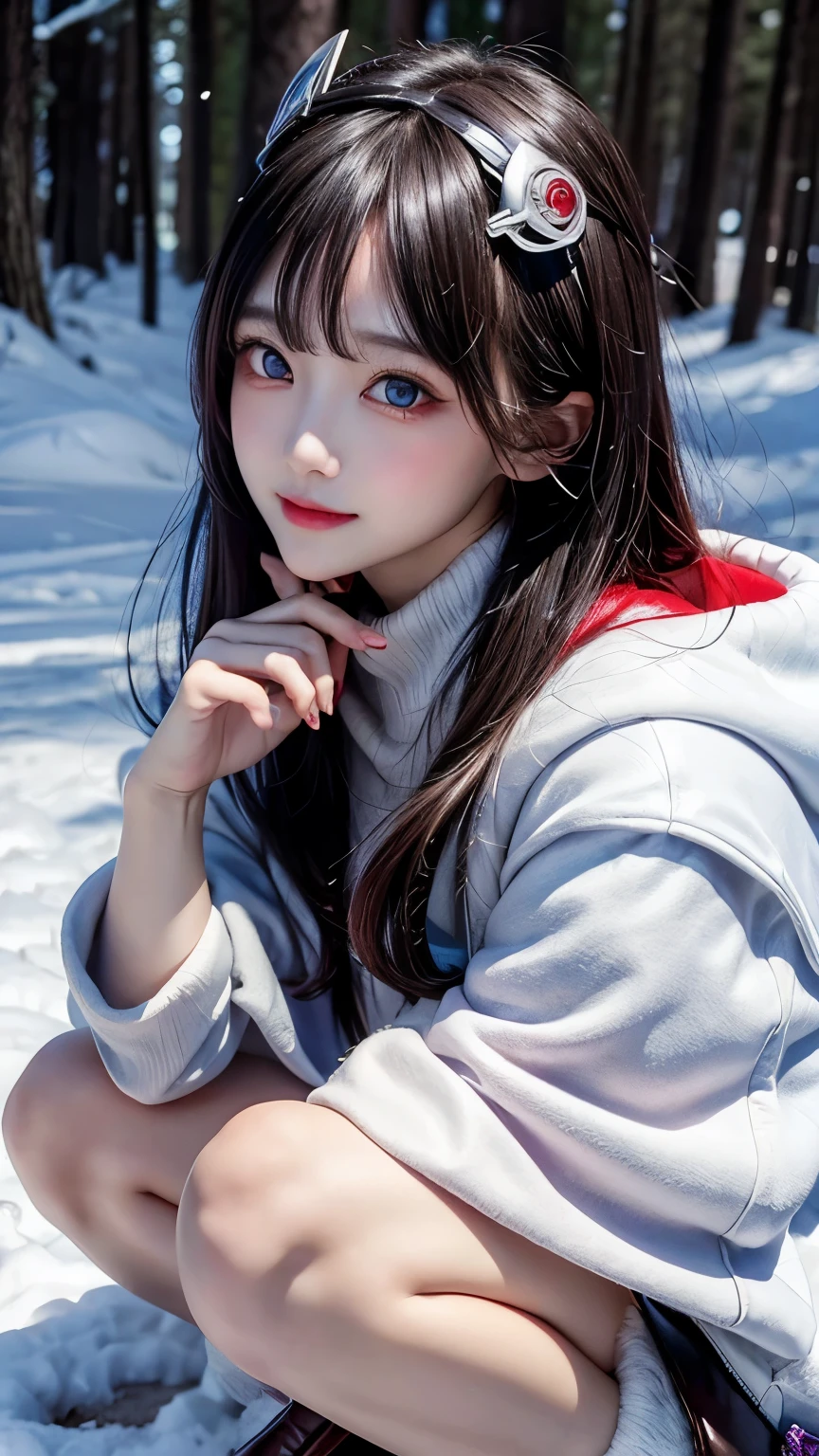 aihoshino, Ai Hoshino, Long Hair, bangs, (Purple eyes:1.1), Purple Hair, (Symbol-shaped pupil:1.5), smile,,smile,blush,white breath,
Open your mouth,snow,Ground bonfire, Outdoor, boots, snowing, From the side, wood, suitcase, Cape, Blurred, , forest, White handbag, nature, Squat, Mouth closed, Cape, winter, Written boundary depth, Black shoes, red Cape break looking at viewer, Upper Body, whole body, break Outdoor, forest, nature, break (masterpiece:1.2), Highest quality, High resolution, unity 8k wallpaper, (shape:0.8), (Beautiful and beautiful eyes:1.6), Highly detailed face, Perfect lighting, Extremely detailed CG, (Perfect hands, Perfect Anatomy),