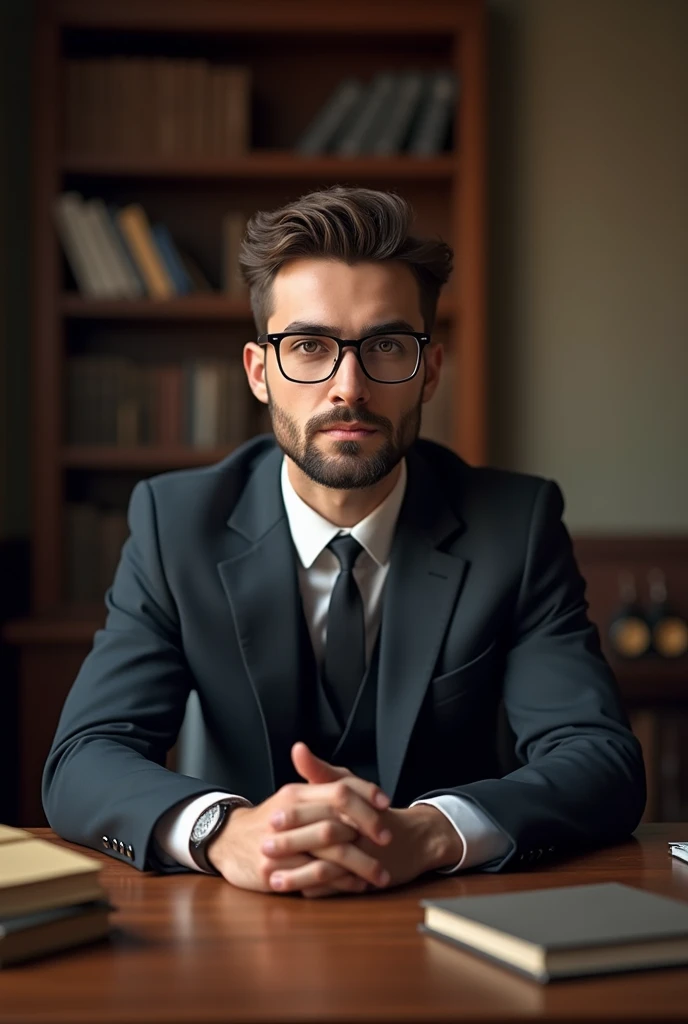 Young man with spectacles,suit and thin beard sat behind the table