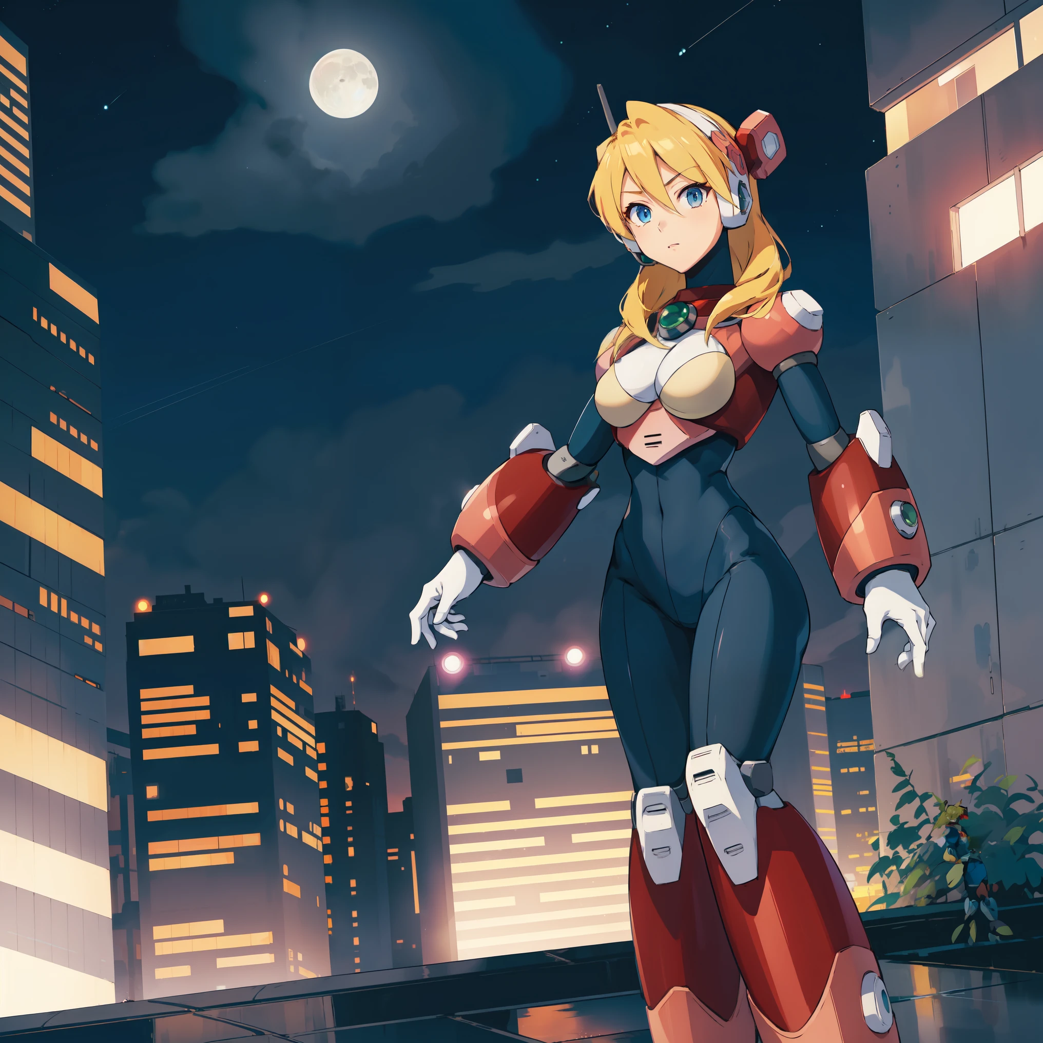 alia_megamanx, 1girl, solo, breasts, blue eyes, blonde hair, android, long hair, robot ears, high quality, masterpiece, standing on a moonlit background with city in sky background