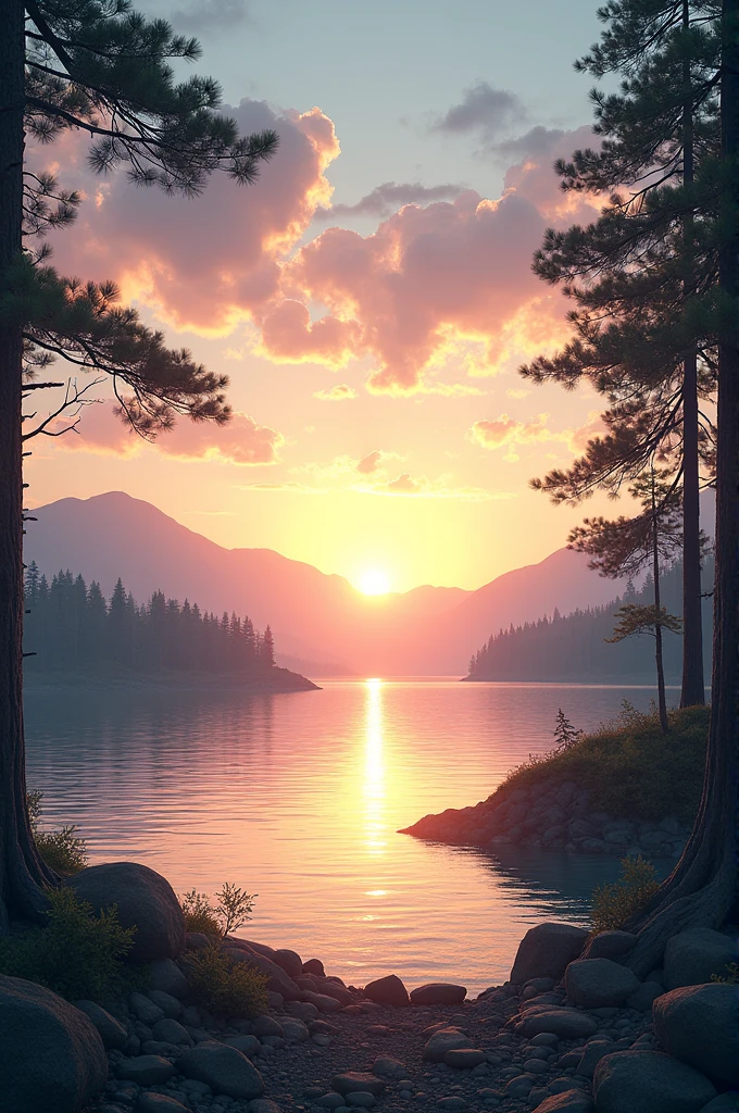 "The sun dipped below the horizon, casting a golden glow across the tranquil waters. The sky was painted with streaks of pink and orange, as if an artist's brush had swept across it with gentle strokes. Tall trees lined the shore, their branches reaching towards the heavens. A gentle breeze rustled through the leaves, carrying with it the earthy scent of pine. In the distance, mountains stood majestically, their peaks kissed by the fading light of day."