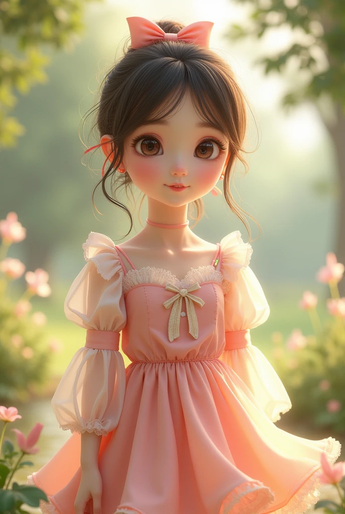 cute flowy dress with sweetheart neckline and puffy long sleeves it was short and cute her hair was open and there was a bow on the back of my head. as a human girl 