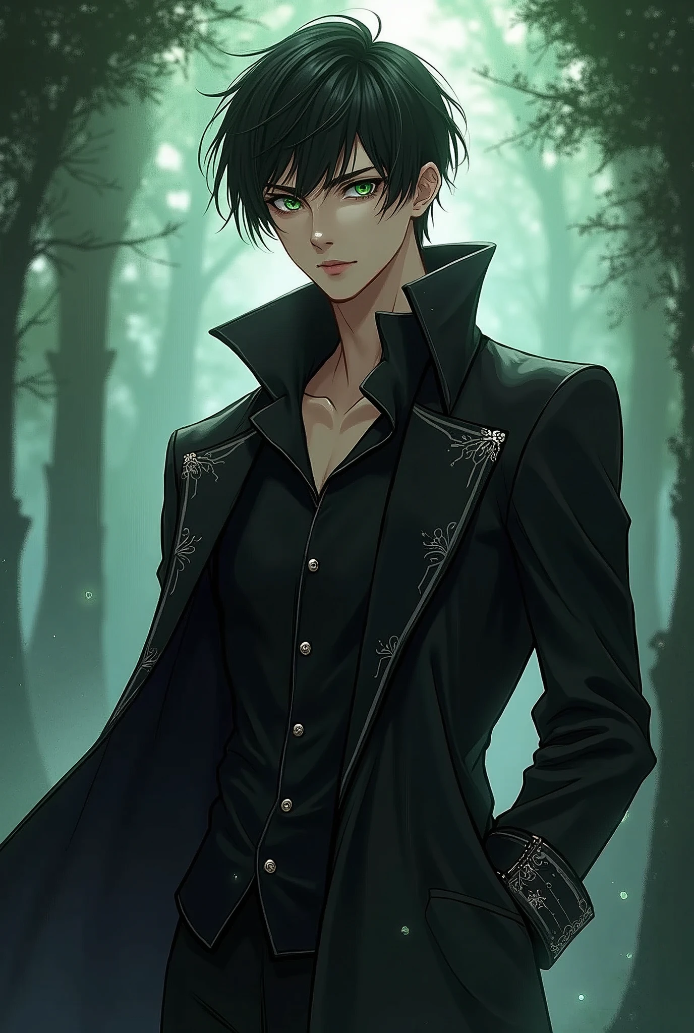 Japanese anime style,A handsome male,young,Green iris,Black short hair,slightly thin but muscular,black coat paired with a fantasy-style black inner lining