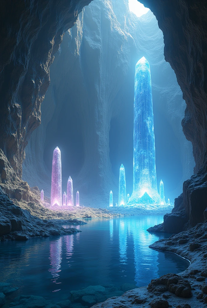 Scenery inside the cave where glowing crystal pillars, no person, landscape 4K image
