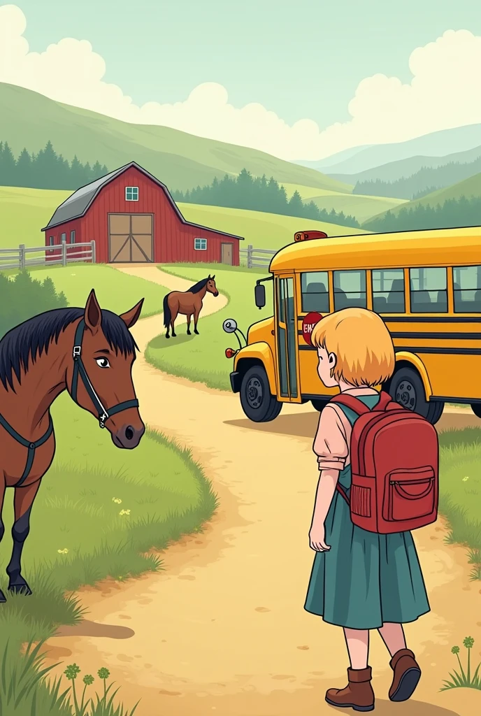 my name is Kate O'Hara. I live on the farm with my mother and father..I like, but I work a lot. every morning I wake up at five o'clock and feed the horses. So I can go home. Mom makes breakfast at 5:30 and I'm not late for breakfast because I don't like fried eggs..
After breakfast I help dad for an hour. So I have a show and get ready for school. the school bus leaves at 8:15.
I leave home at 8am. After school I can watch TV for an hour. Then we had dinner, we ate chicken for dinner, but I eat because mom gets mad. After dinner I do my homework. Then I go out and feed the horses.. I go to bed early because I'm always very tired at the end of the day. Make a comic book drawing based on this story. Make an easy and simple drawing.