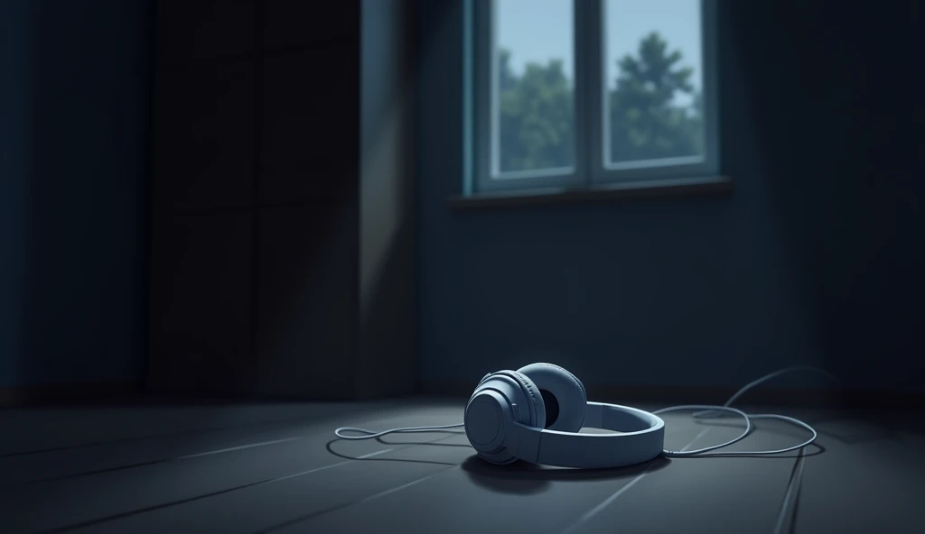 Dark Room,Inside the room,White headphones that fell on the floor,Anime Style, Low angle shooting,Blur the background,High resolution, Anti-aliasing