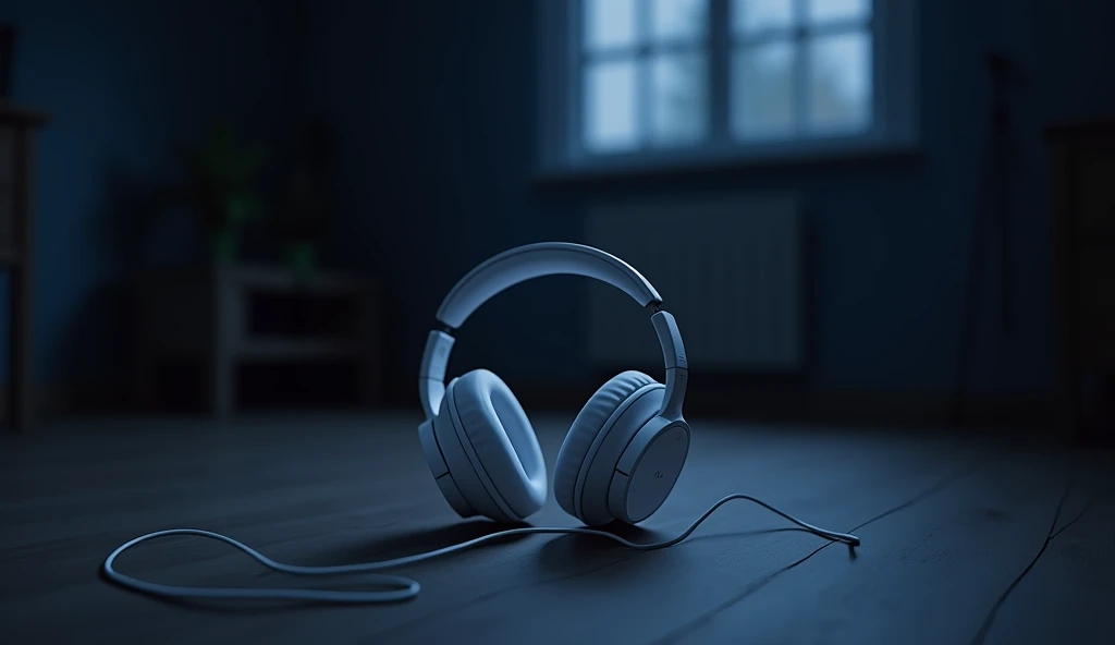 Dark Room,Inside the room,White headphones that fell on the floor,Anime Style, Low angle shooting,Blur the background,High resolution, Anti-aliasing