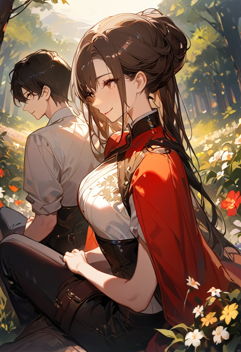 masterpiece, 2 female, back to back, backing each other, backing, dark brown hair, long hair, brown eyes, smiling gently, look away, white shirt, shirt by the shoulder, leather corset, black long pants, sitting, 1 female on the background, white long hair on the background, black clothes with red cape, face slightly facing up, flower field, forest background, camera pov from above slightly to the side, only showing black hair female face, white hair female on the back, 8k ,4k , best quality, high quality, masterpiece, embroidery  clothes, big chest, all kind of hairstyle, inspired by Asukaziye artist : ask, art style : ask