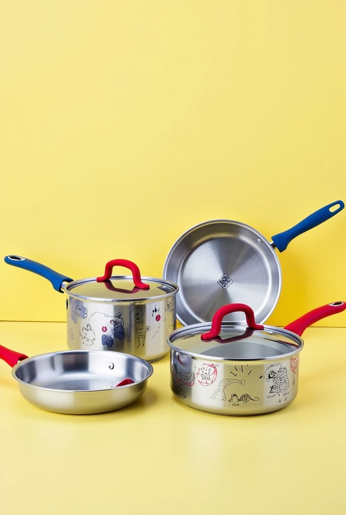 A stainless steel cookware set with children's decor, The Fissler brand