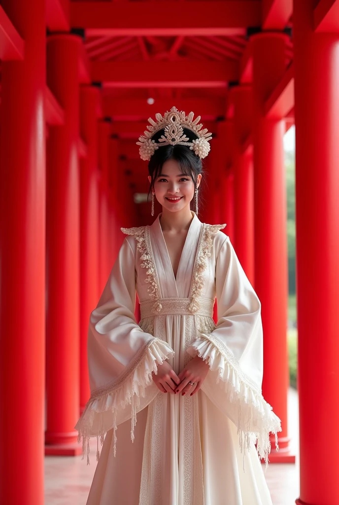 A bright red corridor、Foreign white woman wearing white national costume、Visual kei style makeup、Look at this and laugh、smile、An inappropriate smile、
