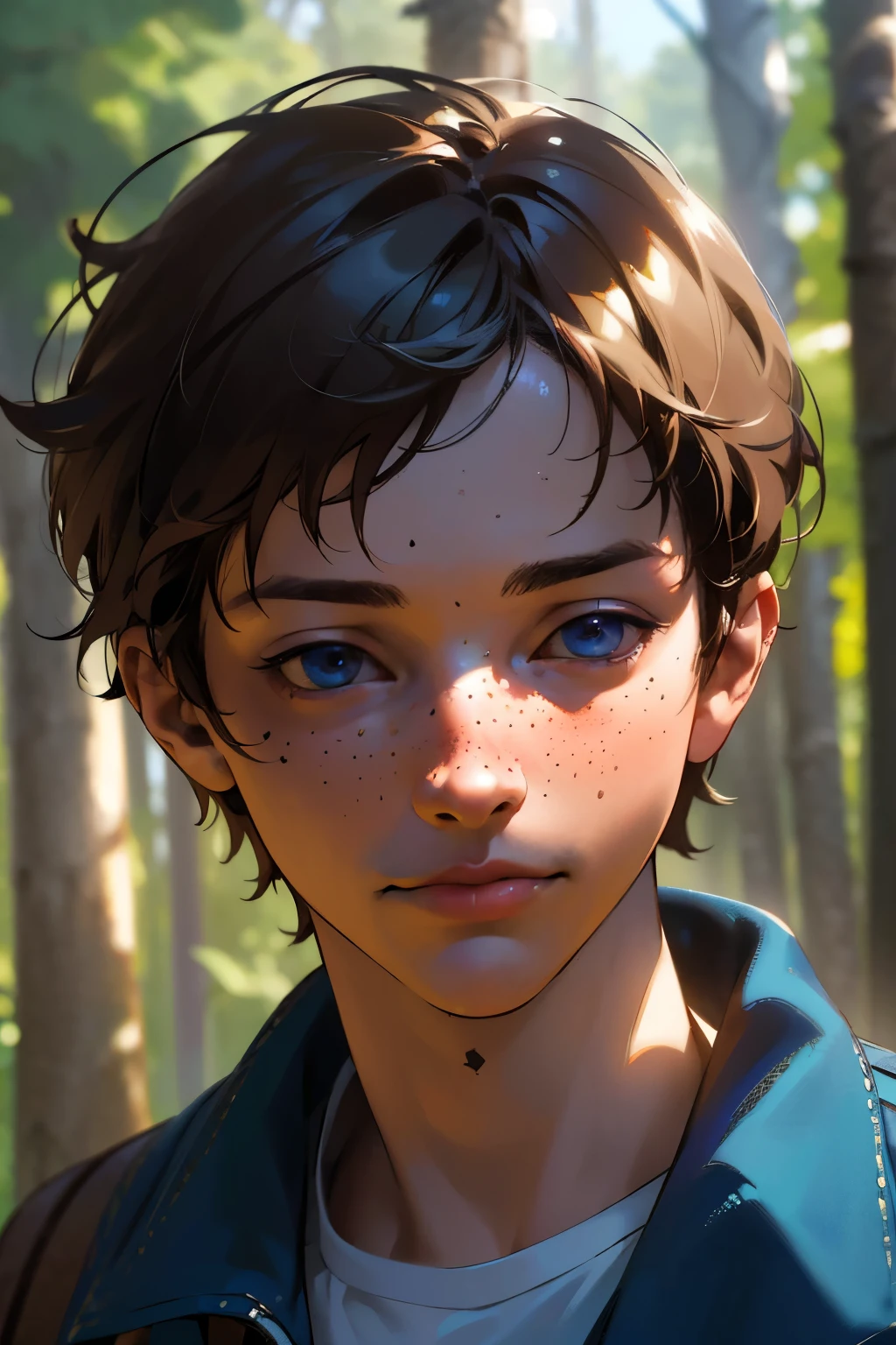 11 year old boy, detailed portrait, piercing blue eyes, small freckles, slight smile, short messy brown hair, casual clothing, outdoor forest setting, natural lighting, cinematic composition, color grading, photorealistic, (best quality,4k,8k,highres,masterpiece:1.2),ultra-detailed,(realistic,photorealistic,photo-realistic:1.37)