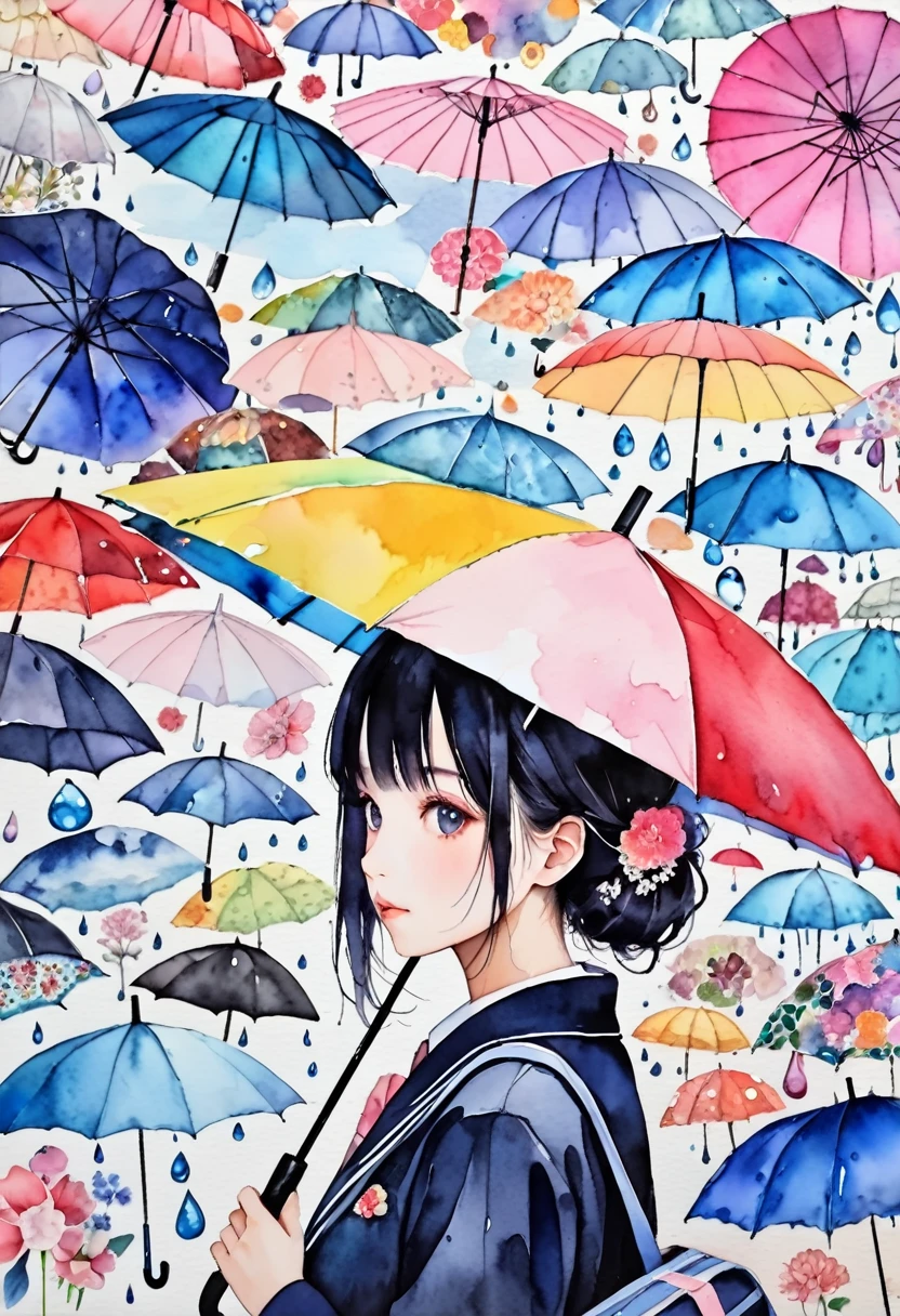 (masterpiece, best quality),
watercolor print collage depicting,japanese girl,side view,she is surrounded by various raindrop and Parasol symbols,detailed face,school-uniform,puddle,umbrella,colorful, collage art, contemporary artistic collage,
