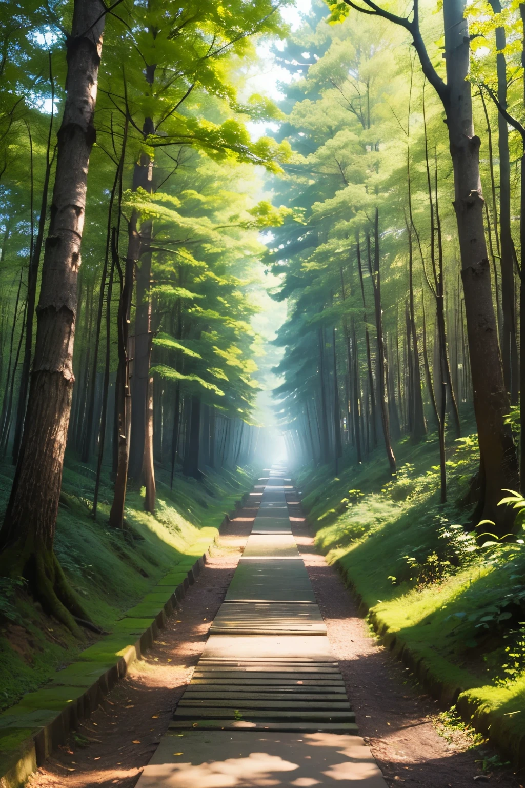 (Highest quality:1.2)。A path in a bright forest。 
