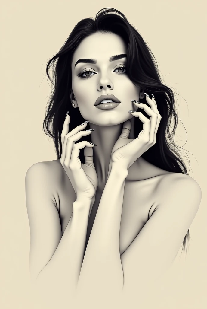 Illustration of a beautiful woman posing as a model in a minimalist, monochrome style. The image should have soft, muted tones like beige or light brown, with a focus on fine details and shading. The woman should have sharp facial features with long open hair and the composition should highlight her hands with long decorated nails. The overall mood should be elegant and sophisticated, with a touch of modern, sleek design. The background should be simple, allowing the main subject to stand out. Do not want a photorealistic image. It has to have an artistic effect.