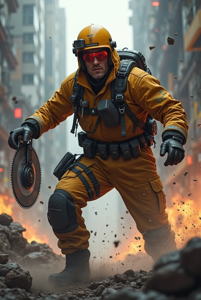 Male firefighter role,, Yellow eyes, Wear a fire suit, graffiti style background, highly detailed back ground, Perfect masterpiece, High quality, high resolution
