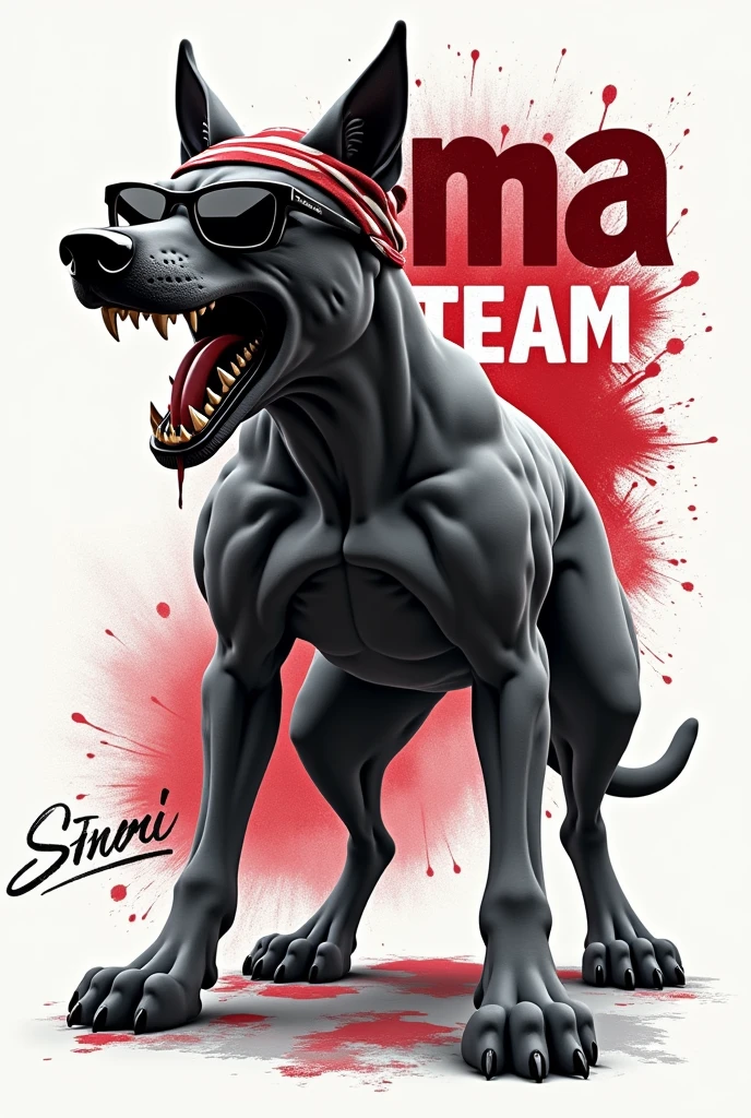 3d logo text "nama team" grey white black greyhound mix malinois, standing roaring, black head, wearing cool glasses, muscular, black legs, saliva melting on sharp teeth, wearing a red and white bandana on his head. The character is facing forward. In the lower left corner of the image, there is small writing below the text "nama team" which is written in cursive letters and handwritten style. ink splash red and white, plain retro background