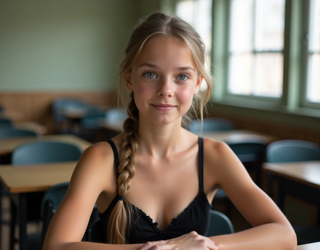 girl thirteen years long hair blue eyes black underwear bra and panties has medium breasts and sitting in a school desk on a chair during class Color and style: The person has light hair tied back in a braid, indicating that it is long enough to be tied.
     Length: The hair is probably medium or long, given that it is tied in a braid.