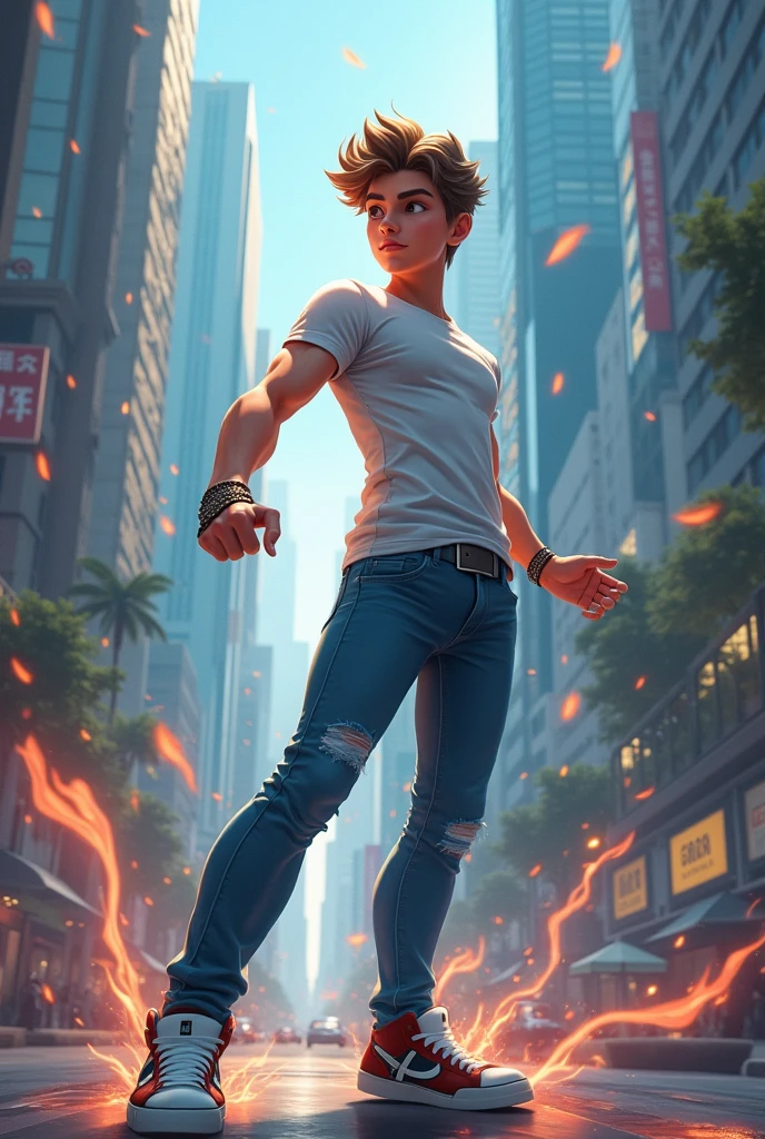 A young boy holding superpower his age should be 20 dress like city boy