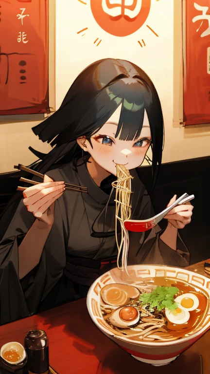 A smiling Japanese woman eating soba noodles