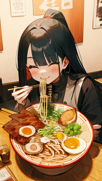 A smiling Japanese woman eating soba noodles